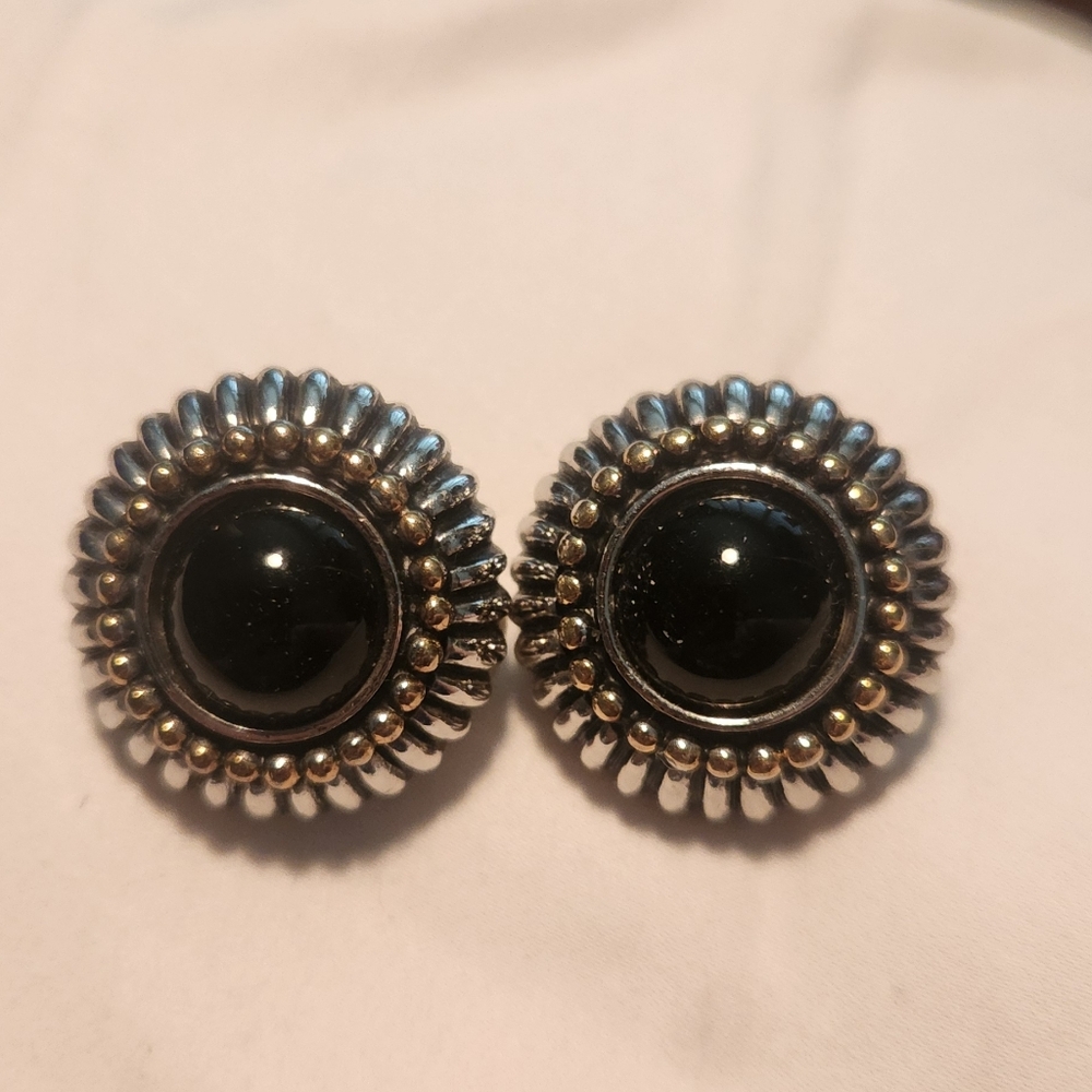 Vtg Womens Earrings  Italian Silver, Gold & Onyx Clip Designer Earrings
